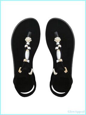 Rhinestone Beaded Open Toe Flat Sandals Elastic Ankle Strap